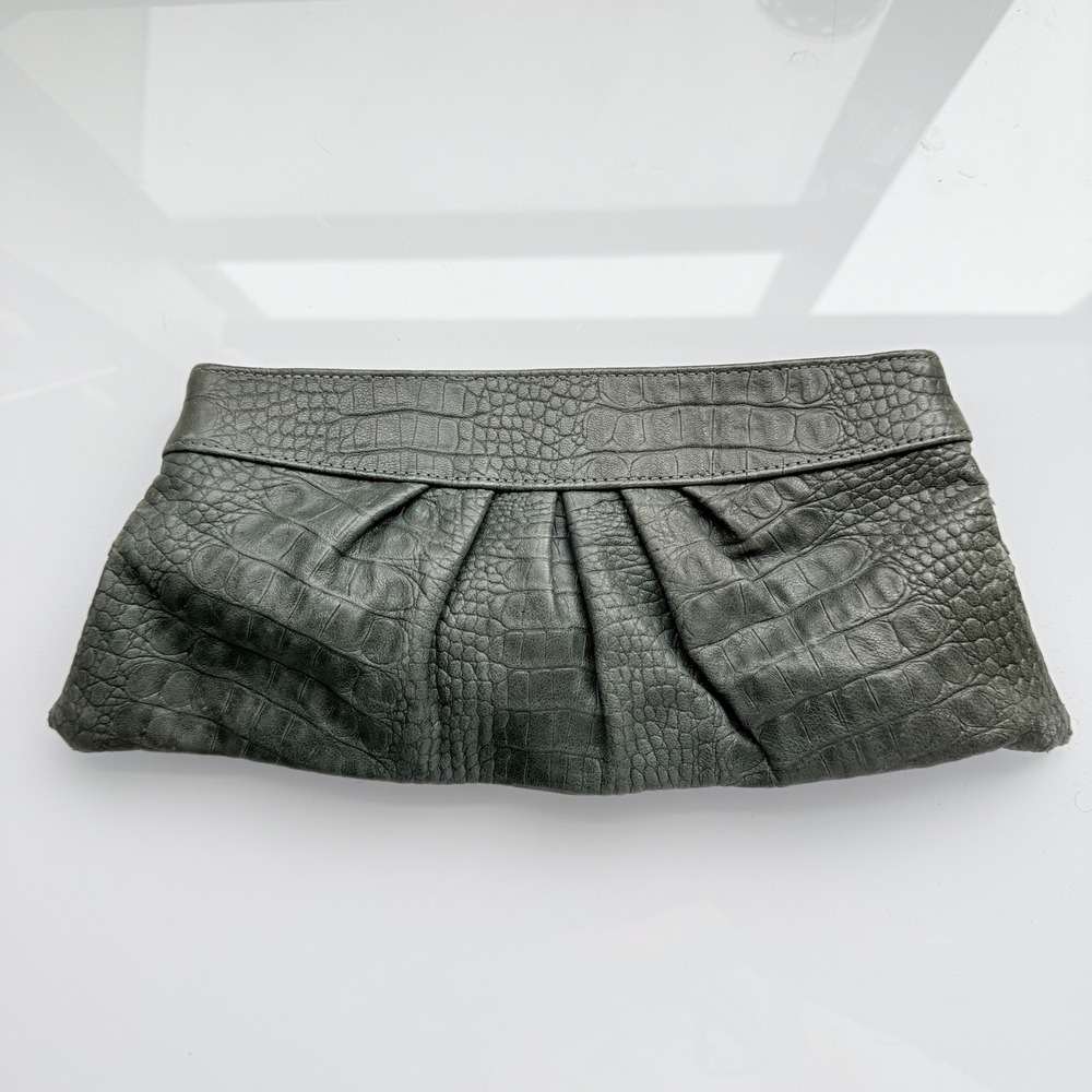 VTG Lauren Merkin Green Croc Embossed Leather Ruched Clutch Bag Evening Bag
